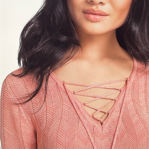 WHBM Salmon Pink Shimmer Knit Top X Small - Picture 2 of 13